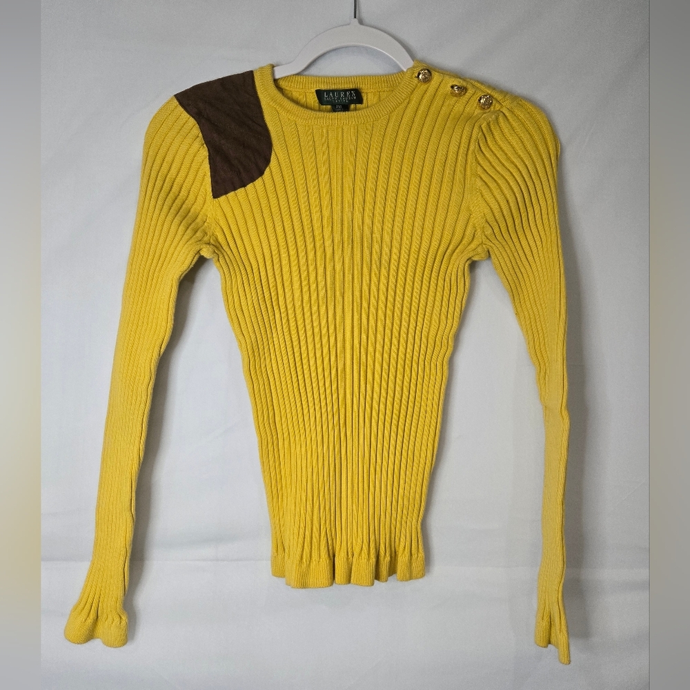 Ralph Lauren Yellow Ribbed Sweater with Brown Suede Accent Size PM